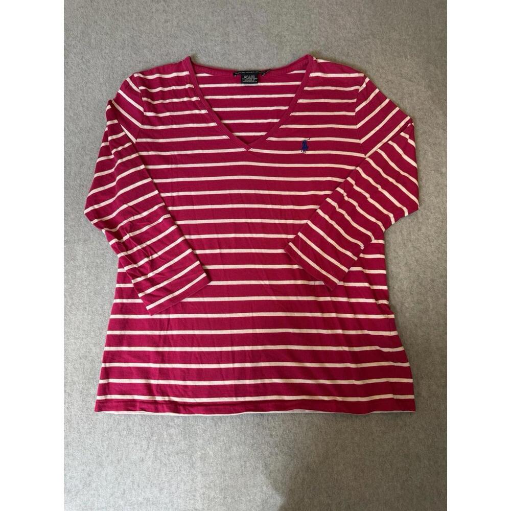 Ralph Lauren Sport Women’s 3/4 Sleeve Striped Shirt Pink White Size Large